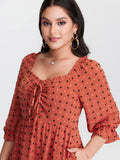 Polka Dots Ruched Drawstring Tiered Midi Dress
