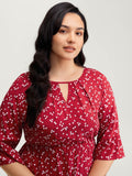 Floral Print Shirred Cut-Out Neck Midi Dress
