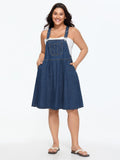 Stretchy Overall Straps Pleated Mini Denim Dress