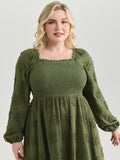 Textured Embroidery Shirred Square Neckline Midi Dress