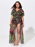 Sarong Set Tropical Print Sheer One-Piece Swim
