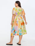 Supersoft Colorful Abstract Print Bubble Sleeve Midi Dress