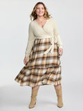 Plaid Contrast Wrap Neckline Midi Dress