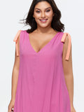 Cotton Ribbon Shoulder Tie V-Neck Flowy Midi Dress