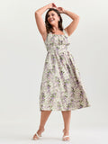 Floral Print Adjustable Bust-Tie Pockets Midi Dress
