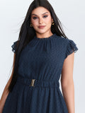 Textured Sheer Ruffled Mock Neckline Midi Dress