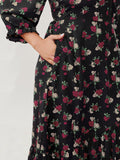 Colorful Rose Pattern Drawstring Neckline Midi Dress