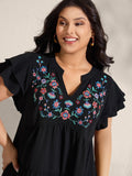 Embroidered Neckline A-Line Ruffled Knee-Length Dress