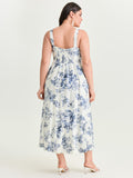 Large Floral Print Pleated Bodice Midi Dress