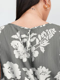 Striped Floral Print Notched Collar Midi Dress