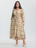 Grid Pattern Waist-Tie Flowy Midi Dress