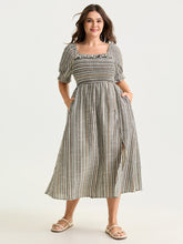 Striped Ruffled Neckline Puff Sleeve Midi Dress