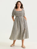 Striped Ruffled Neckline Puff Sleeve Midi Dress