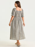 Striped Ruffled Neckline Puff Sleeve Midi Dress