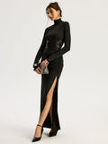 Belted High-Slit Turtleneck Maxi Dress