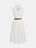 Belted Sleeveless Pleated Collared Dress