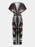 Geometric Print Deep V-Neck Midi Dress