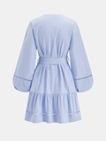 Cotton V-Neck Lantern Sleeve Belted Mini Dress