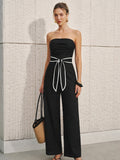 Linen-Blend Strapless Tie-Waist Wide Leg Jumpsuit