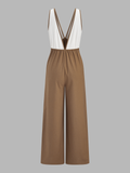 Color-Block Cotton Linen Wide Leg Jumpsuit
