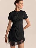 Short Sleeve Twist Waist Lace Hem Mini Dress