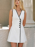 Linen Blend Contrast Trim Sleeveless Mini Dress