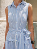 Striped Sleeveless Belted Maxi Shirt Dress