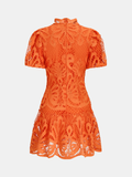 High Neck Short Sleeve Guipure Lace Mini Dress