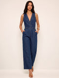 Denim V-Neck Sleeveless Jumpsuit
