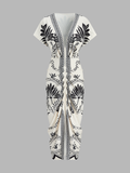Palm Leaf Print Deep V Neck Maxi Dress