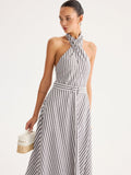 Striped Halter Belted Maxi Dress