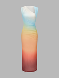 Asymmetric Neckline Sunset Gradient Mesh Midi Dress