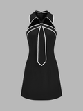 Tie Detail Contrast Trim Collared Mini Dress