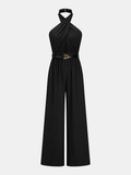 Cross Halter Belted Wide Leg Jumpsuit