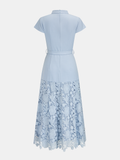 Belted Short Sleeve Lace Hem Midi Dress