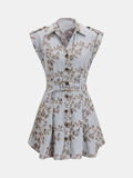 Belted Striped Floral Embroidered Shirt Dress