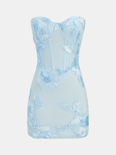 Semi-Sheer Floral Applique Strapless Dress