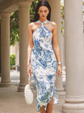 Halter Tie-Back Floral Print Midi Dress