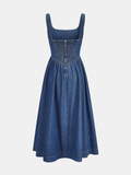 Denim Square Neck Tie Front Midi Dress