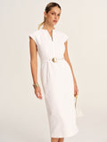 Sleeveless Notch Neck Striped Belted Midi Dress