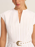 Sleeveless Notch Neck Striped Belted Midi Dress