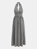 Gingham Deep V Halter Cotton Midi Dress