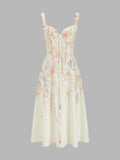 Floral Bird Print Bustier Strap Midi Dress
