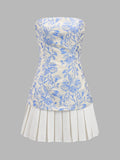 Strapless Floral Pleated Mini Dress