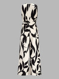 Leaf Print Belted Wide Leg Jumpsuit