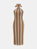 Multicolor Striped Knit Halter Midi Dress