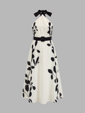 Belted Halter Leaf Print Midi Dress