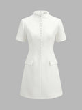Stand Collar Button Slim Mini Dress
