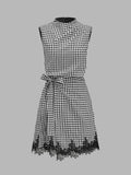 Gingham Tie-Waist Lace Trim Mini Dress
