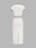 Contrast Trim Belted Pencil Midi Dress